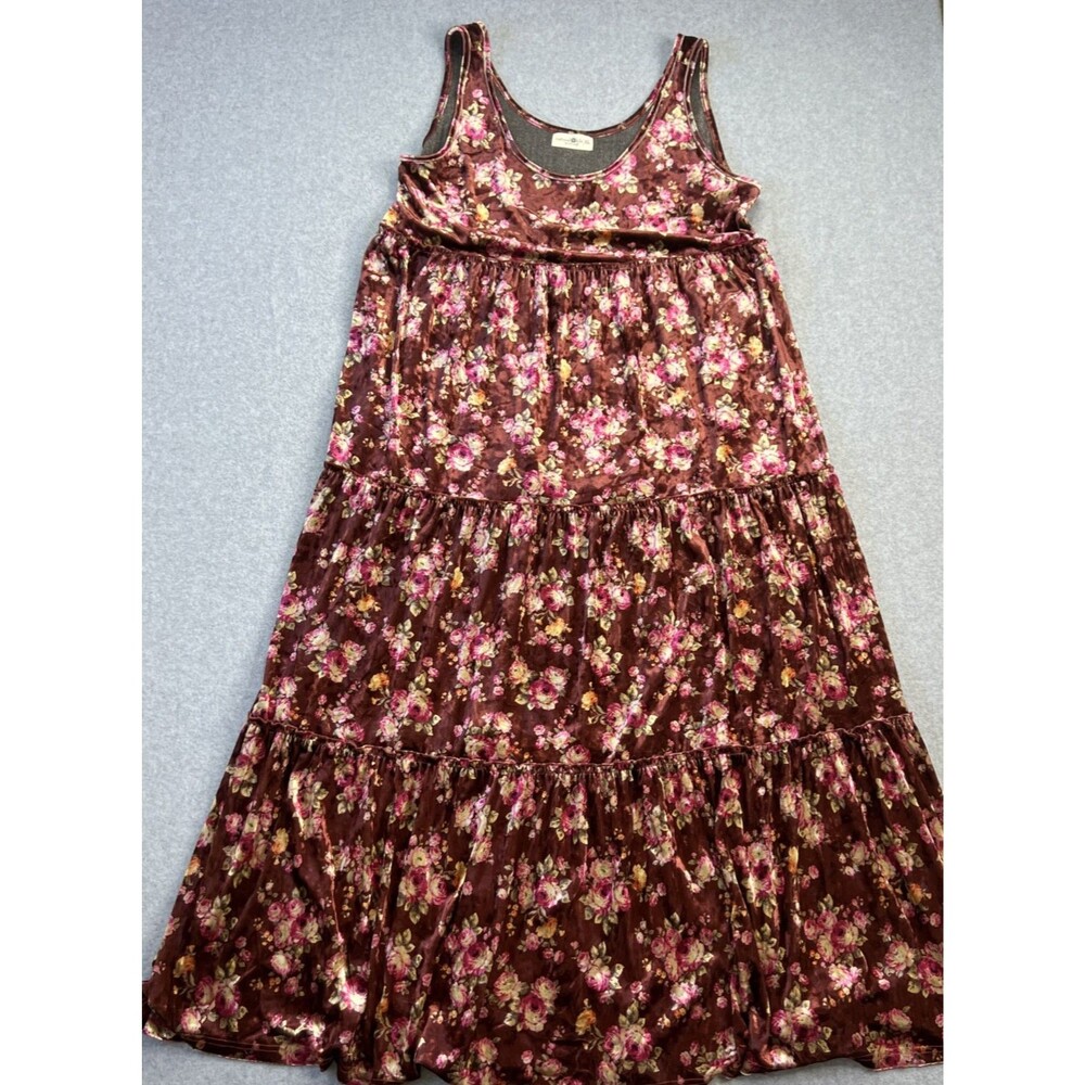 Natural Life Karlie Velvet Maxi Dress XL Rust Boquet Floral Sleeveless Tiered